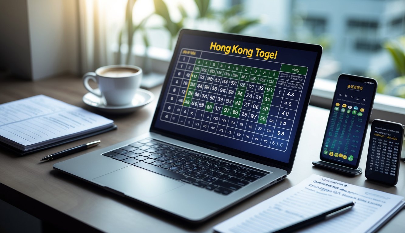 Meja kerja modern dengan laptop menampilkan angka togel dan grafik, dikelilingi catatan, pena, dan ponsel, dengan cahaya alami masuk dari jendela.