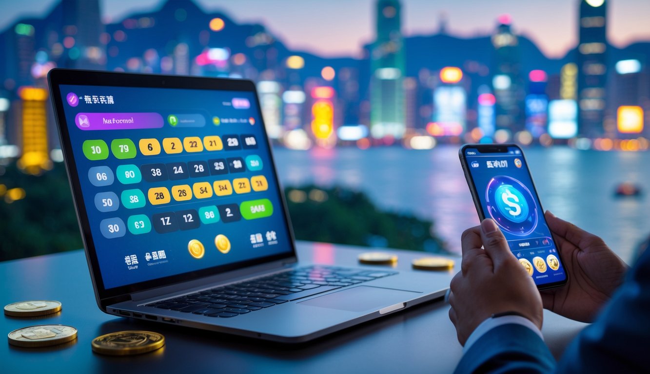 Seorang pria menggunakan laptop dan ponsel dengan latar belakang pemandangan kota Hong Kong di malam hari.