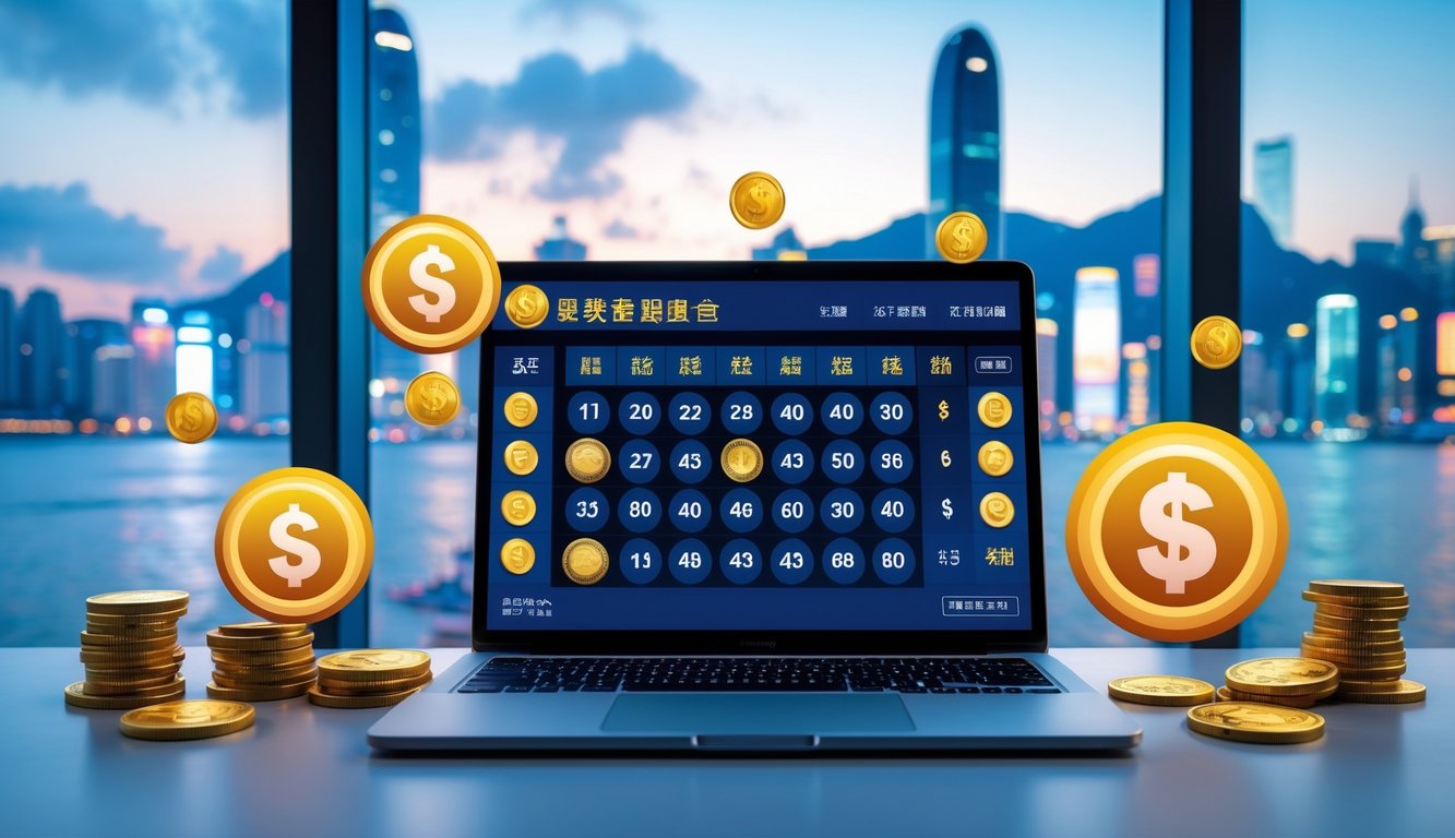 Sebuah meja kerja modern dengan laptop yang menampilkan grid nomor togel, dikelilingi oleh koin digital dan simbol jackpot, dengan pemandangan kota Hong Kong di latar belakang.