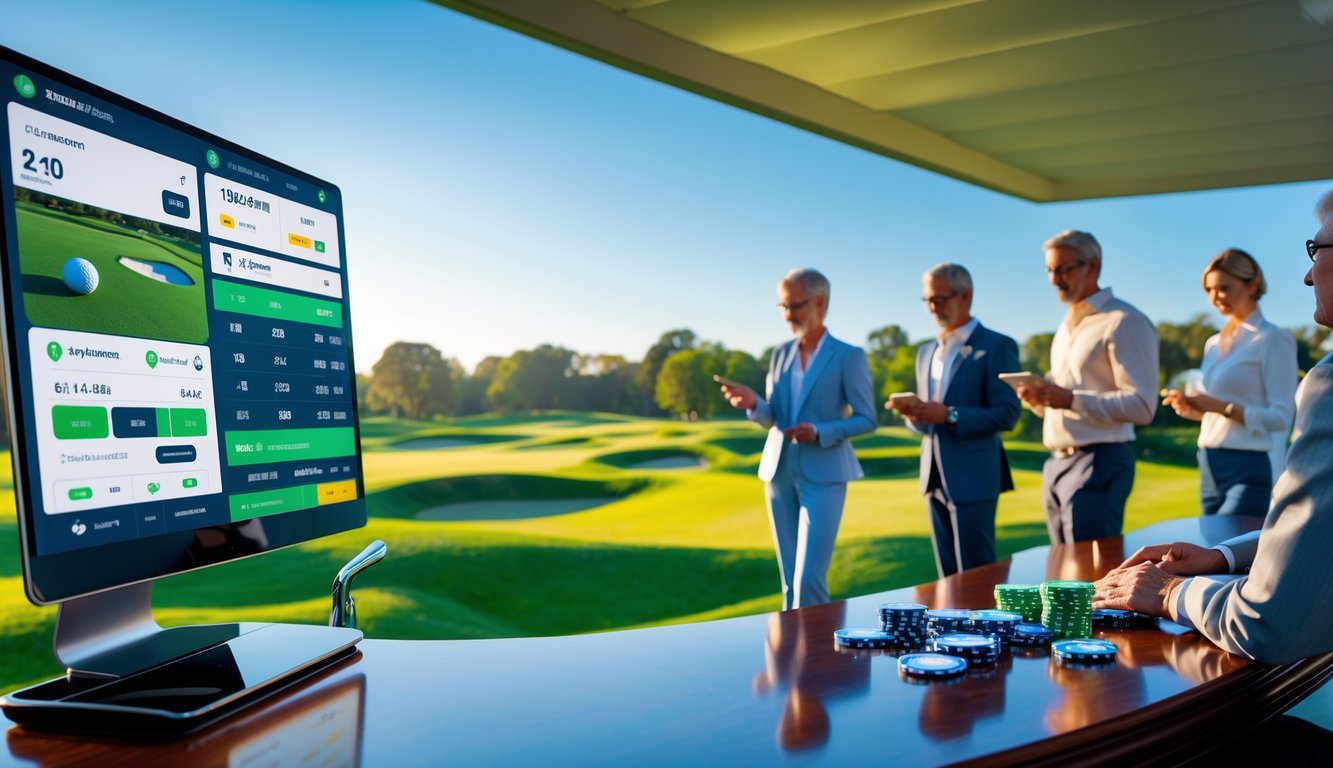 Orang-orang menggunakan perangkat digital di dekat lapangan golf yang hijau untuk memasang taruhan golf.