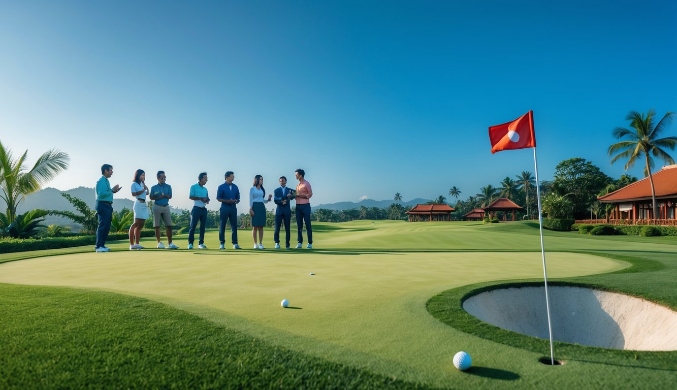 Lapangan golf yang rapi dengan bola golf dekat lubang dan bendera, beberapa orang berbicara sambil memegang stik golf di latar belakang.