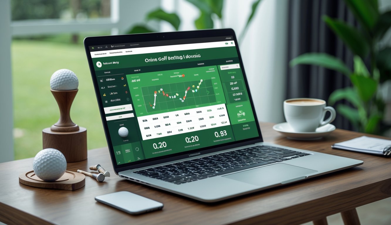 Meja kerja dengan laptop yang menampilkan platform taruhan golf online, dikelilingi bola golf, tee, dan sarung tangan golf.
