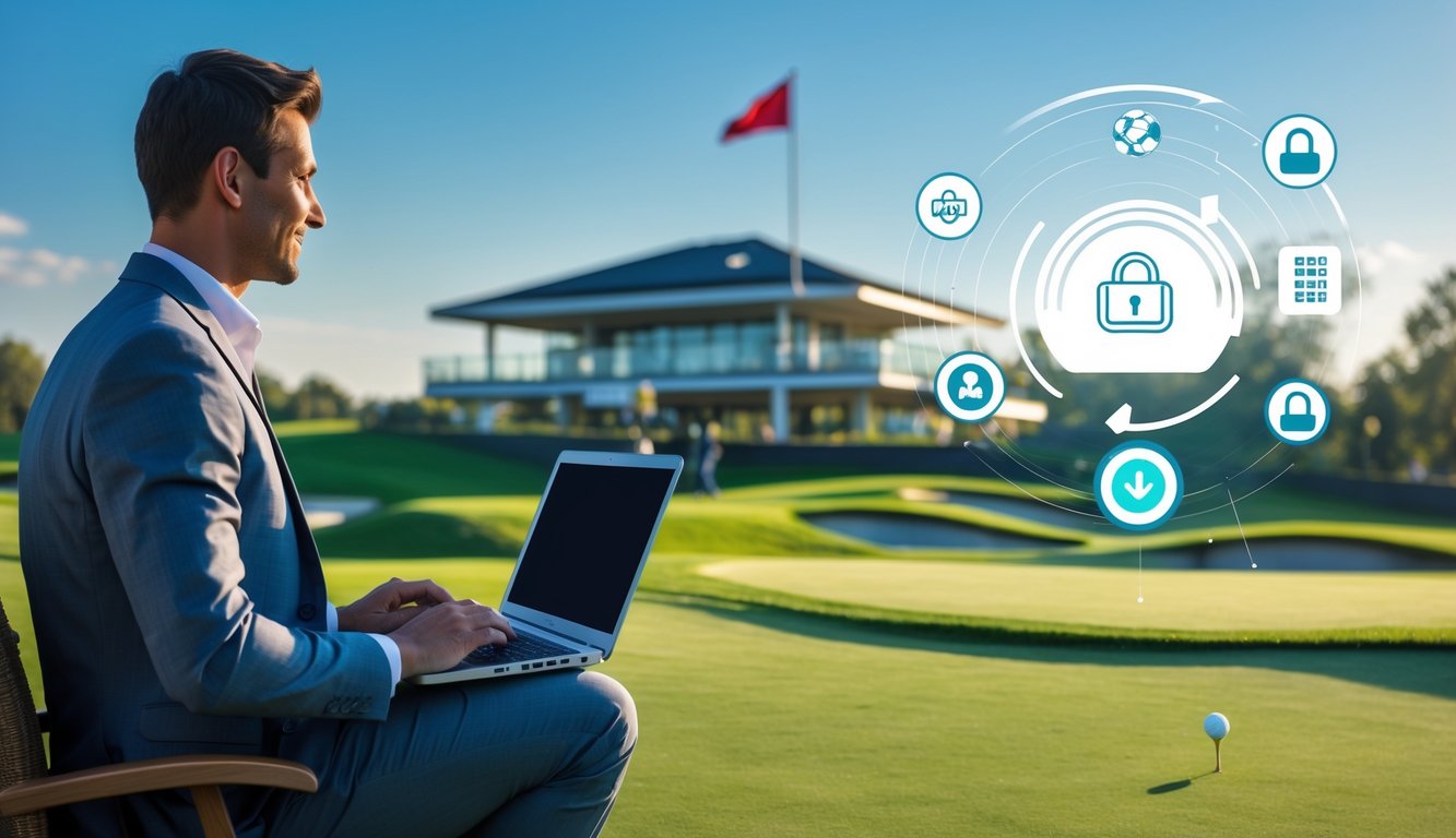 Seseorang menggunakan laptop di lapangan golf yang rapi dengan latar belakang clubhouse dan langit cerah.