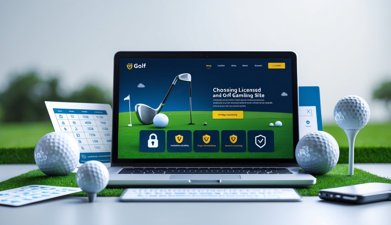 Seorang profesional menggunakan laptop dengan tema golf, dikelilingi bola golf dan alat golf, menggambarkan pemilihan situs judi golf online yang aman dan berlisensi.