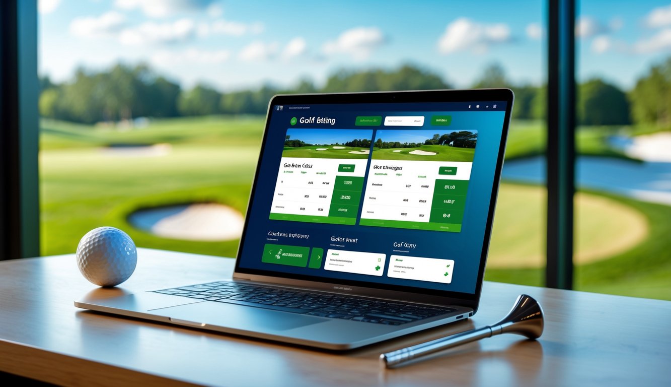 Seorang pengguna melihat situs taruhan golf online di laptop dengan latar belakang lapangan golf hijau.
