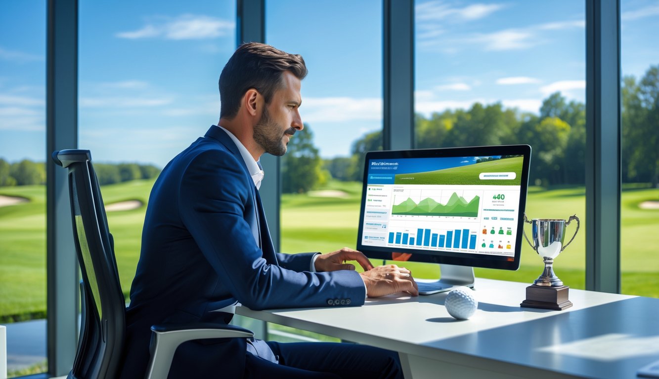 Seorang pria profesional duduk di meja kantor dengan laptop, di belakangnya terlihat lapangan golf hijau dan langit cerah.