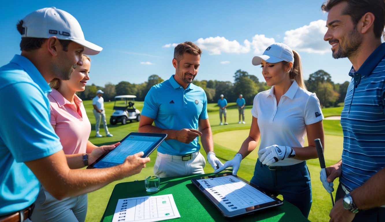 Sekelompok orang berdiskusi dan memasang taruhan golf di lapangan golf yang hijau dengan pemain yang sedang mengayunkan stik golf.