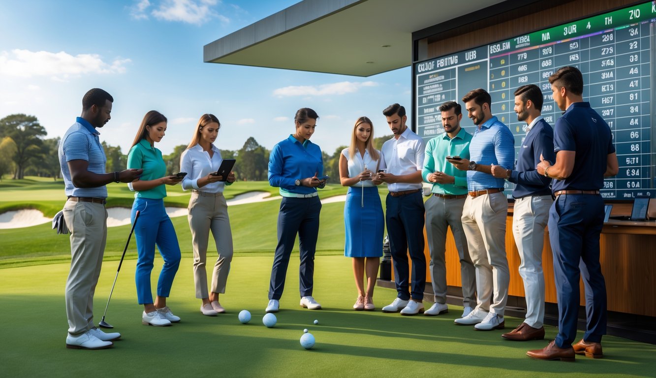 Sekelompok orang sedang berkumpul di lapangan golf dengan papan skor dan perangkat elektronik untuk memasang taruhan golf resmi.