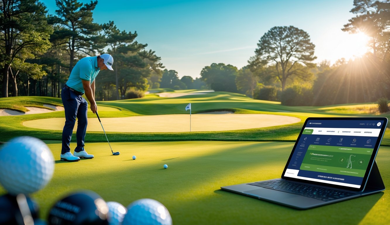 Seorang pegolf berpakaian rapi sedang bersiap memukul bola di lapangan golf hijau yang luas dengan latar pepohonan dan langit cerah.