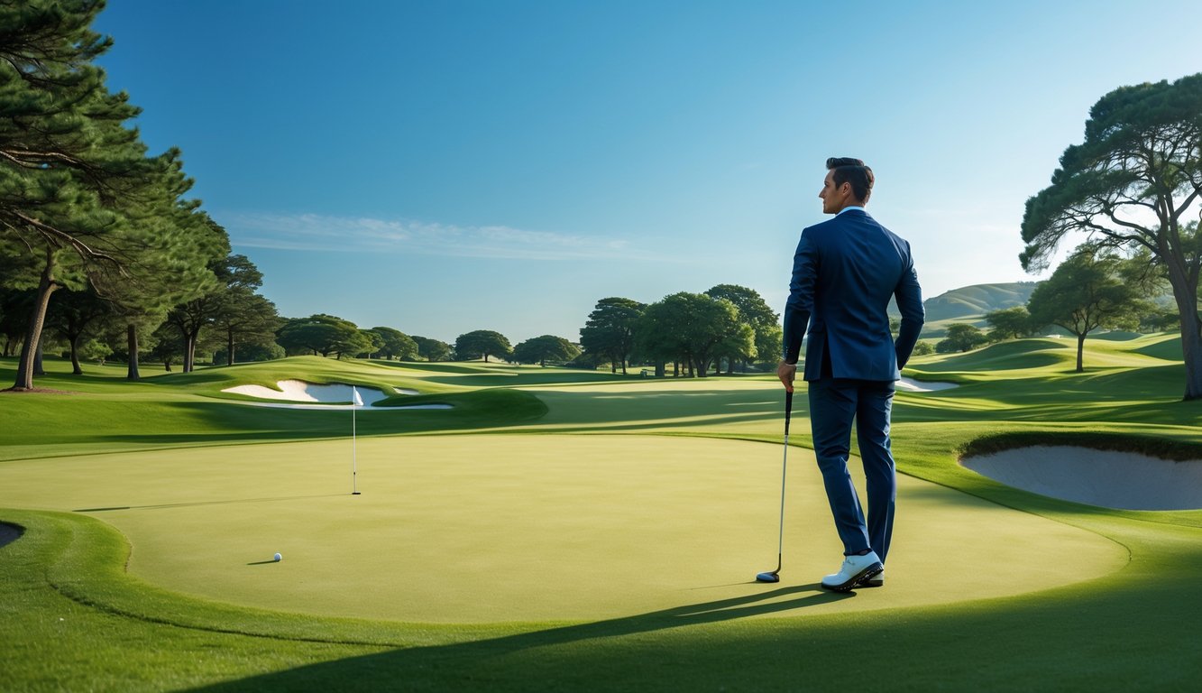 Seorang pria berpakaian rapi memegang tongkat golf di lapangan golf hijau dengan bendera lubang dan pepohonan di latar belakang.