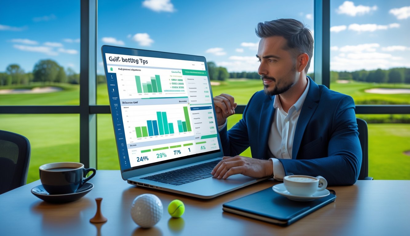 Seorang pria sedang menganalisis data taruhan golf di depan laptop dengan latar belakang lapangan golf yang hijau.