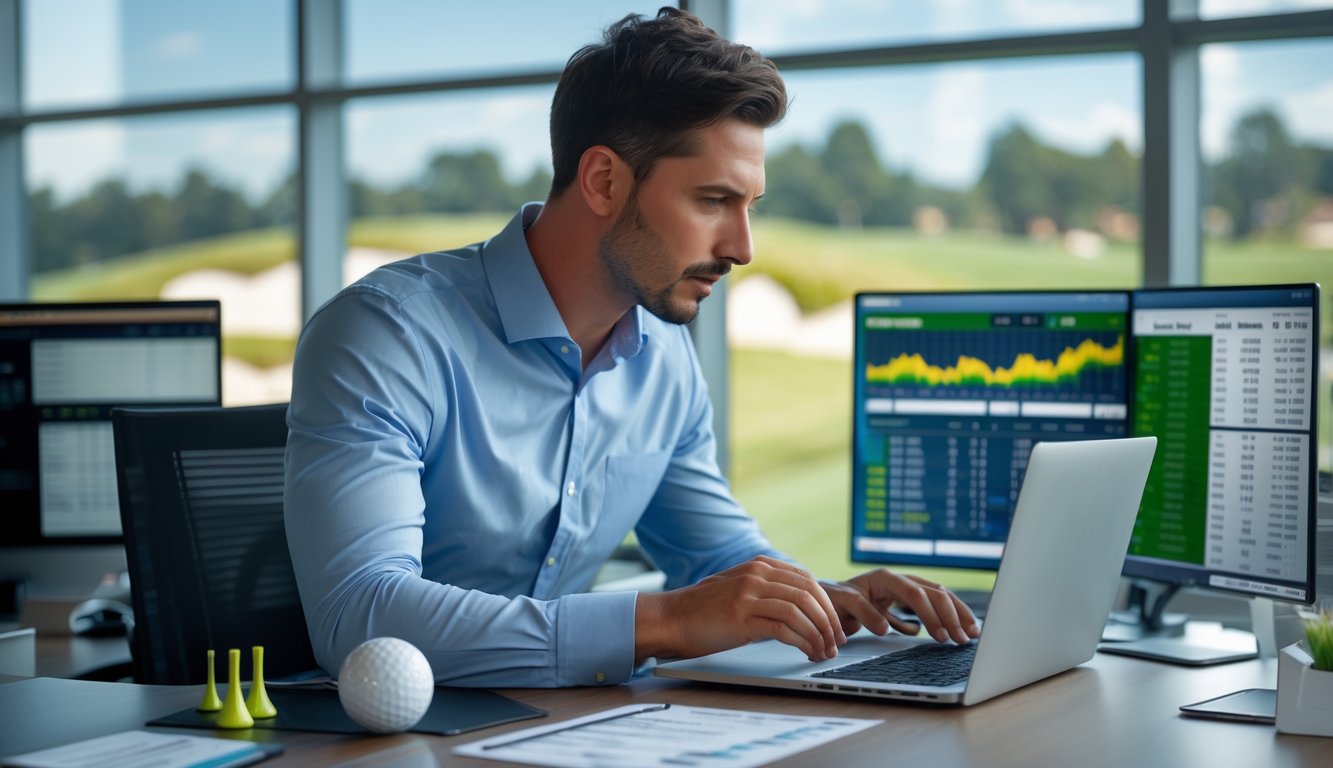 Seorang pria fokus menganalisis data taruhan golf di laptop di kantor modern dengan layar menampilkan statistik golf dan peluang taruhan.