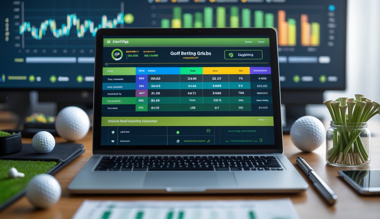 Meja kerja dengan laptop yang menampilkan statistik taruhan golf, dikelilingi bola golf dan tongkat golf.