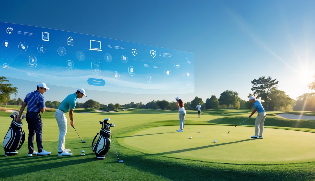 Lapangan golf yang rapi dengan pemain golf sedang bermain di bawah langit cerah.