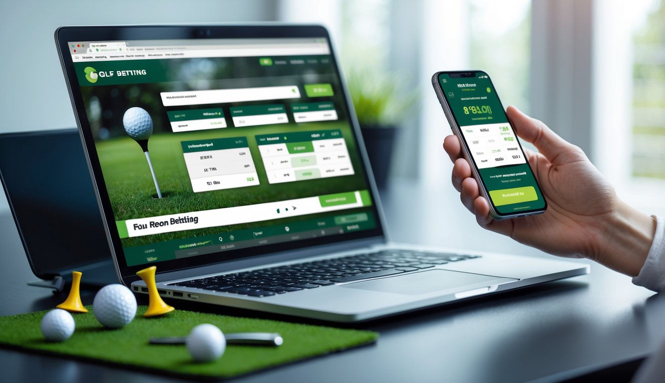 Seseorang menggunakan laptop dan ponsel untuk memasang taruhan golf online, dengan bola golf dan tee di atas meja.