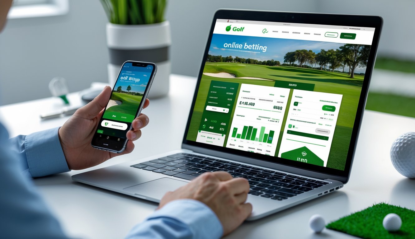 Seorang pria menggunakan laptop dan ponsel di meja dengan perlengkapan golf di latar belakang.