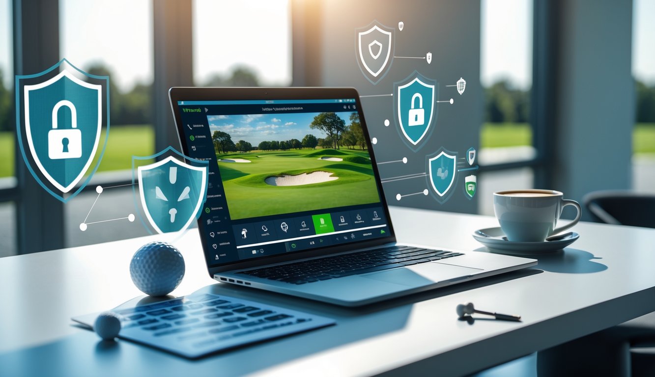 Seorang profesional bekerja di meja dengan laptop menampilkan lapangan golf dan simbol keamanan digital, dikelilingi alat golf dan suasana terang.