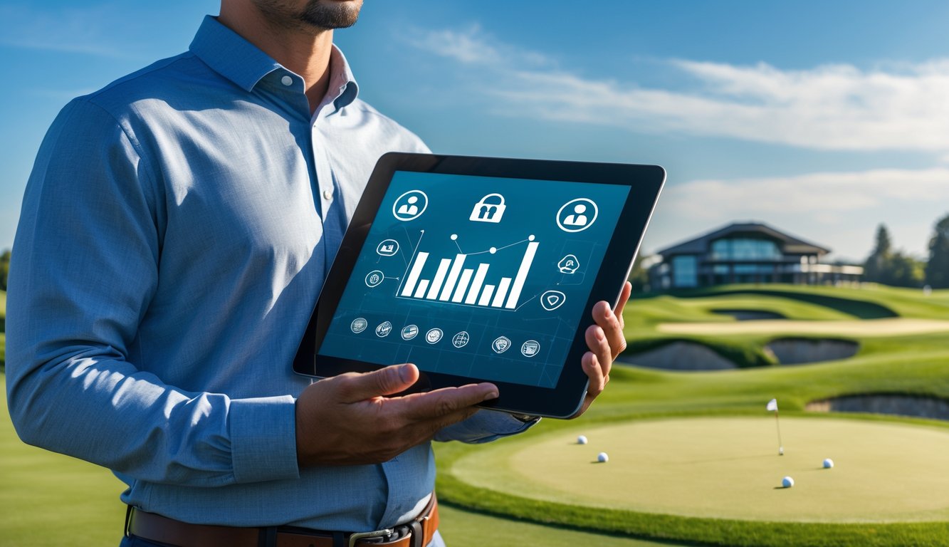 Seorang pria berdiri di lapangan golf memegang tablet dengan latar belakang lapangan golf hijau dan gedung klub golf.