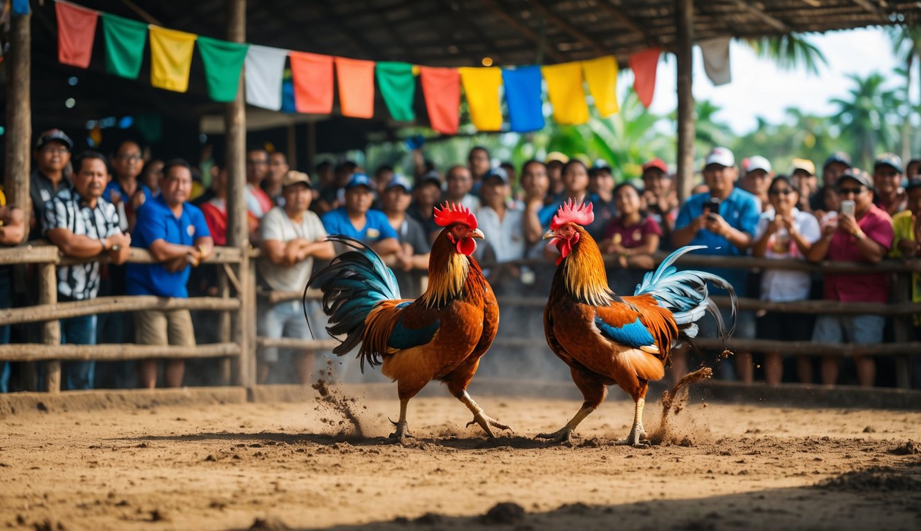 Kerumunan orang menonton pertandingan sabung ayam tradisional di arena terbuka dengan dua ayam jago bertarung di tengah.