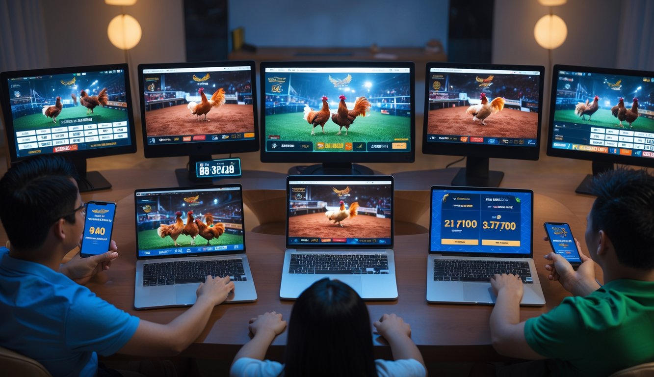 Beberapa orang menggunakan perangkat digital untuk menonton siaran langsung pertandingan sabung ayam Filipina secara online.