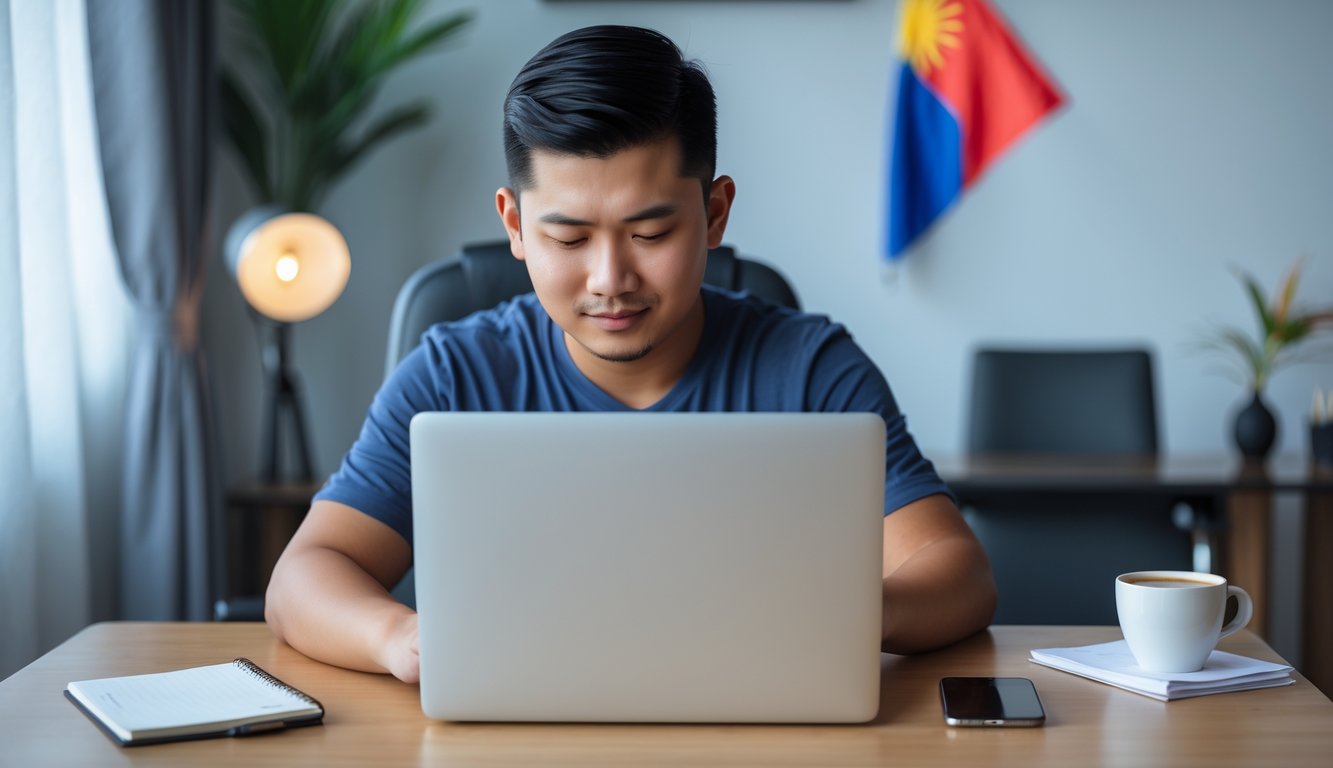 Seorang pria muda duduk di meja dengan laptop, fokus mendaftar di platform online dengan latar dekorasi kecil khas Filipina.