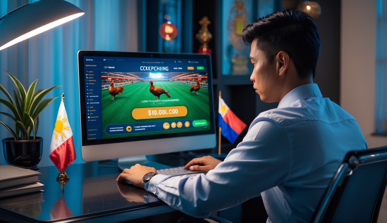 Seorang pria muda duduk di meja kerja dengan laptop, fokus menggunakan situs judi sabung ayam Filipina secara online, dengan dekorasi khas Filipina di latar belakang.