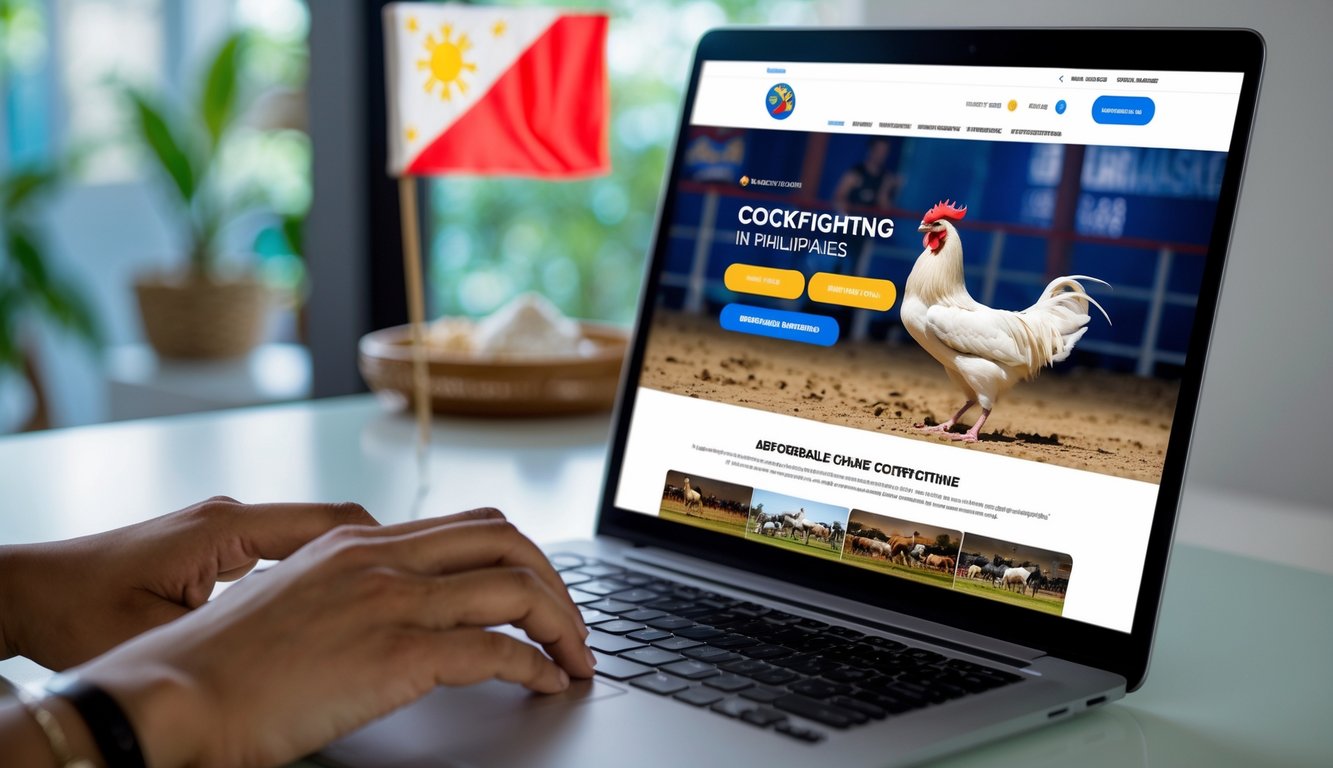 Seorang pengguna sedang menggunakan laptop atau ponsel untuk mengakses situs taruhan sabung ayam online dengan latar belakang elemen budaya Filipina.