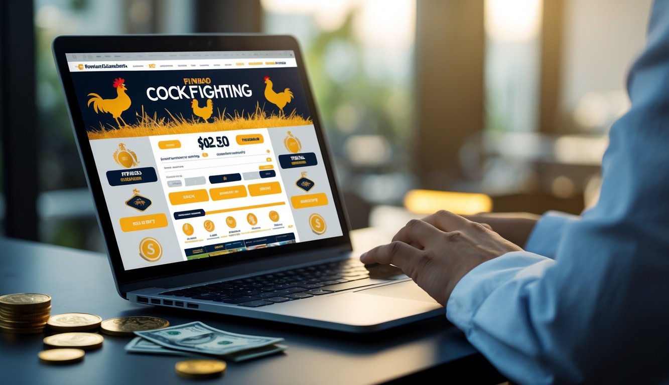 Seseorang menggunakan laptop atau ponsel untuk mengakses situs taruhan sabung ayam Filipina dengan fokus pada deposit online yang murah.