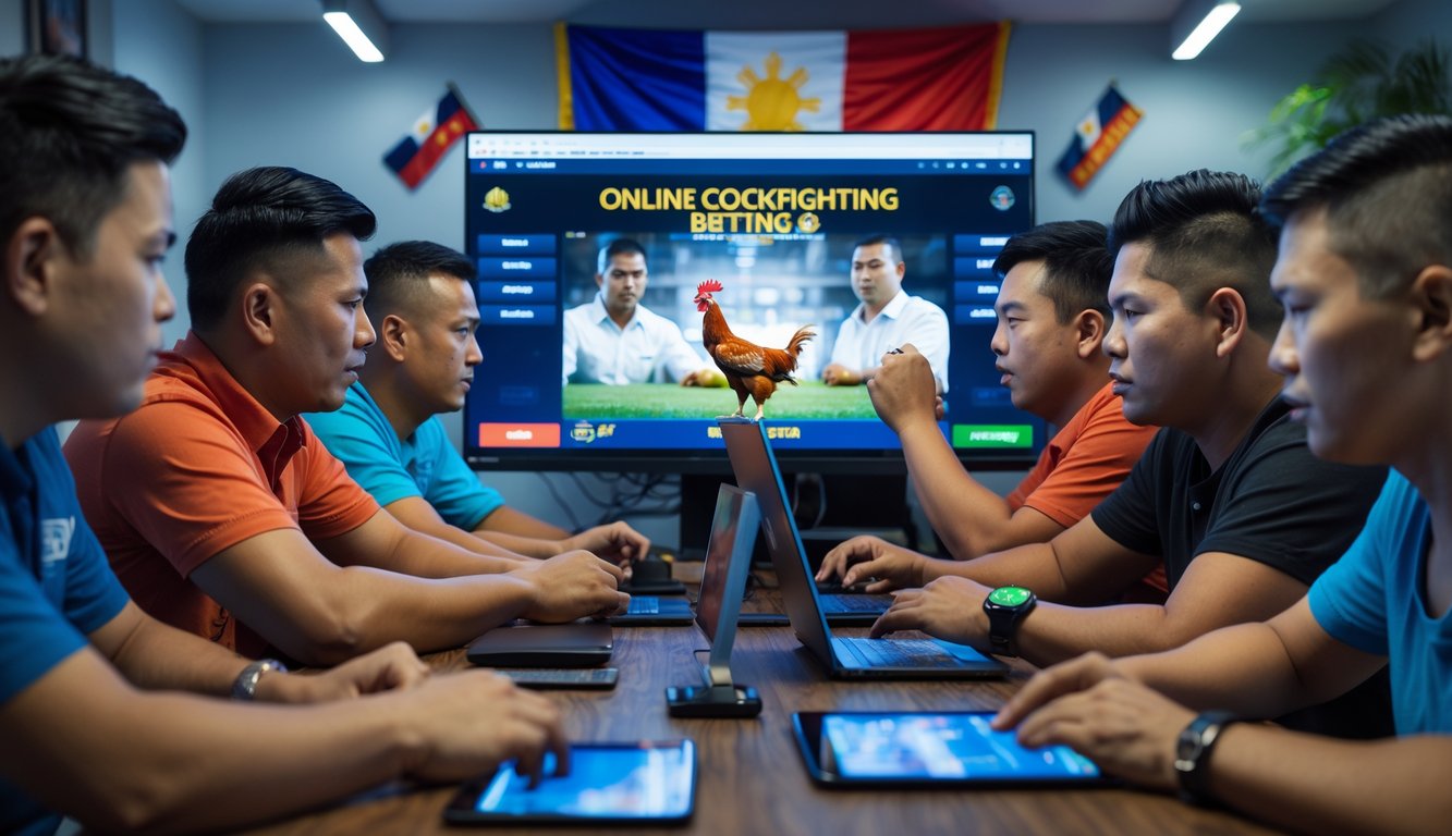 Beberapa pria sedang fokus menonton pertandingan sabung ayam secara online di depan layar komputer dalam ruangan yang terang.