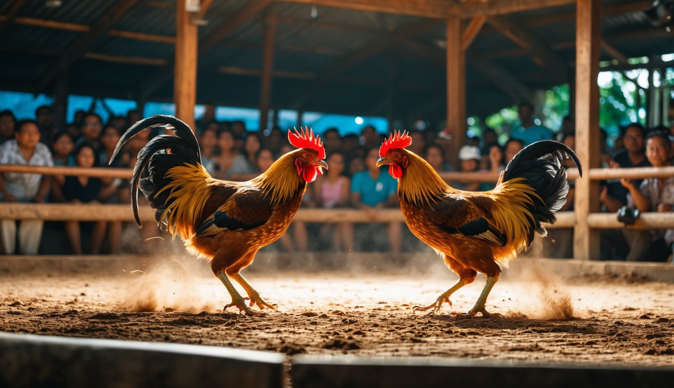Dua ayam jago sedang bertarung di arena sabung ayam dengan penonton yang memperhatikan di latar belakang.