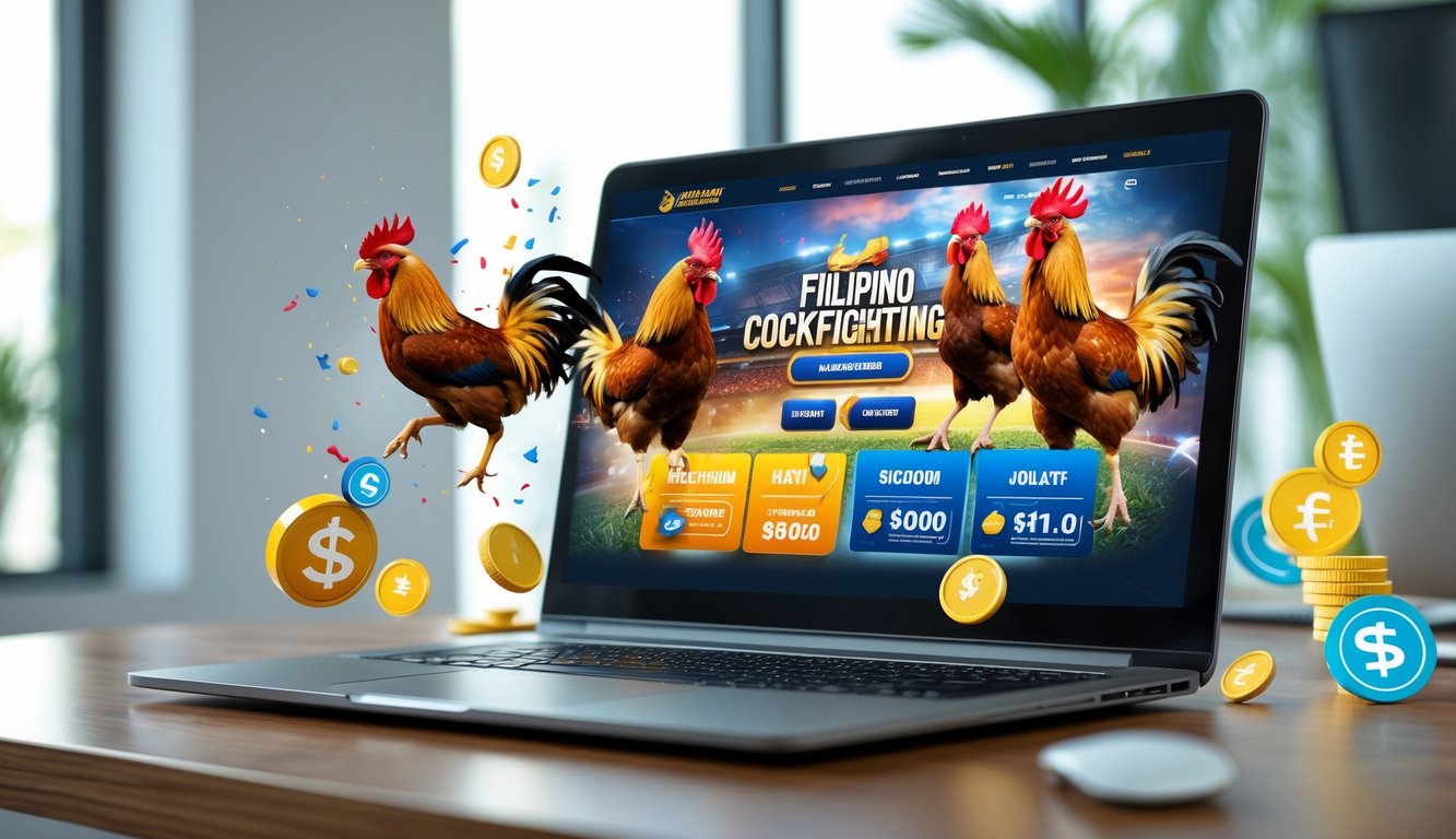 Seorang pria menggunakan laptop di meja kayu dengan tampilan situs web sabung ayam Filipina, dikelilingi ikon taruhan digital dan suasana kantor modern.