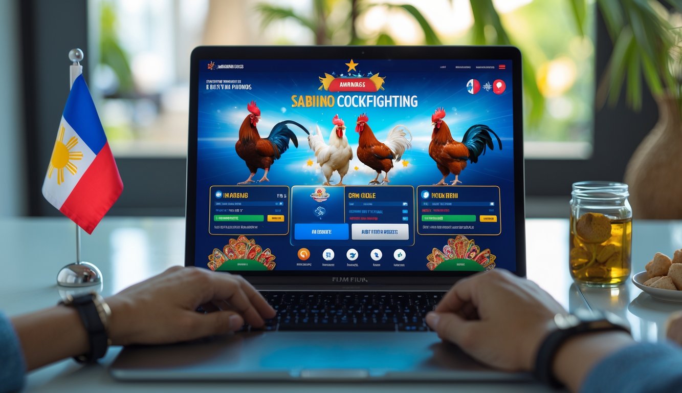 Seorang pengguna sedang menggunakan komputer dengan tampilan situs taruhan sabung ayam Filipina online di meja kerja yang rapi dan terang.