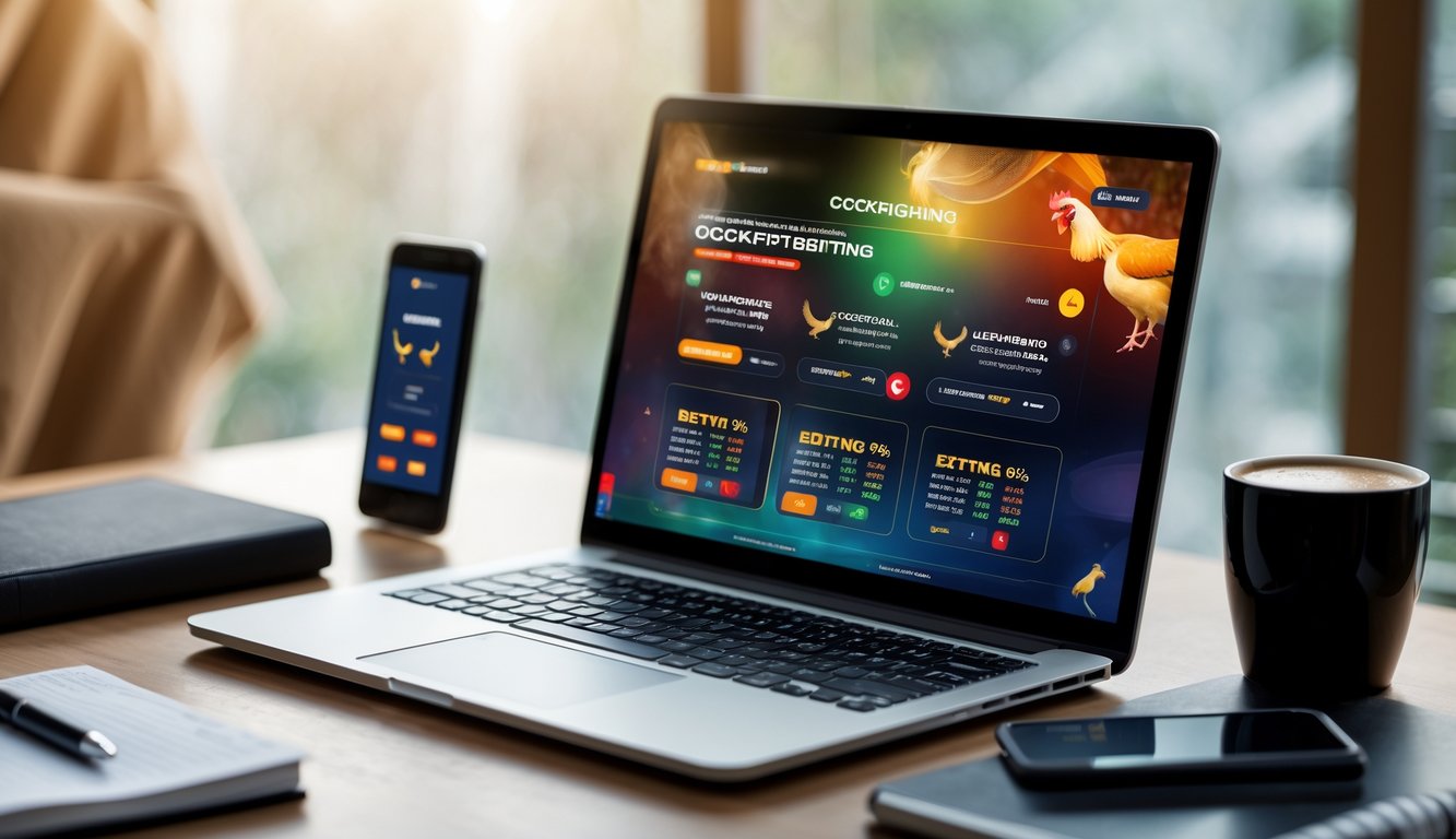 Seorang pria menggunakan laptop di meja kerja dengan layar menampilkan platform taruhan sabung ayam online, dikelilingi oleh ponsel, kopi, dan buku catatan.