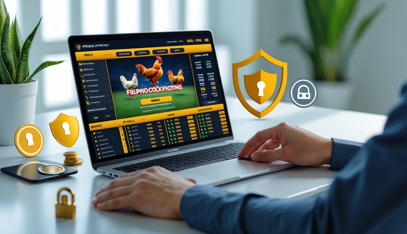 Seseorang menggunakan laptop di meja kerja dengan tampilan situs judi sabung ayam Filipina online yang aman dan resmi.