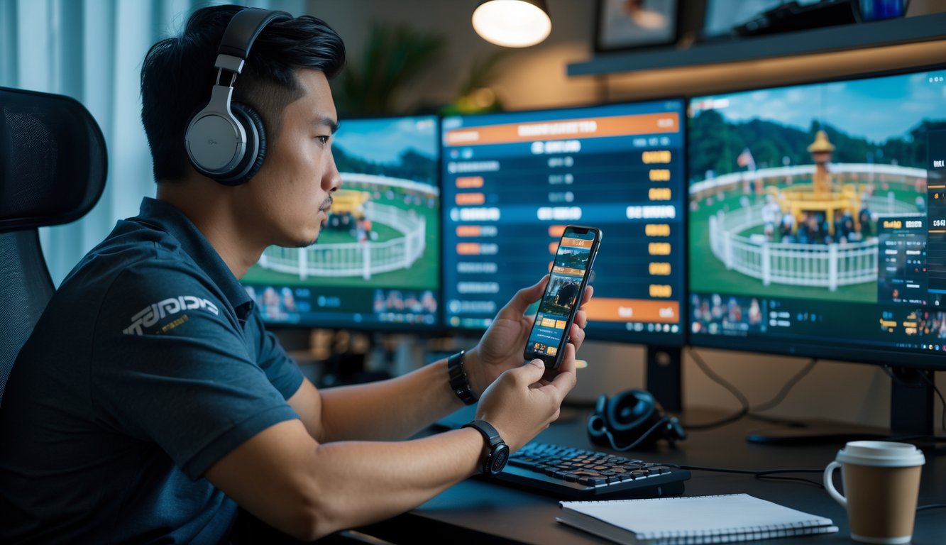 Seorang pria Asia Tenggara sedang fokus menonton pertandingan sabung ayam Filipina secara online di depan beberapa layar komputer di ruang kerja rumah.