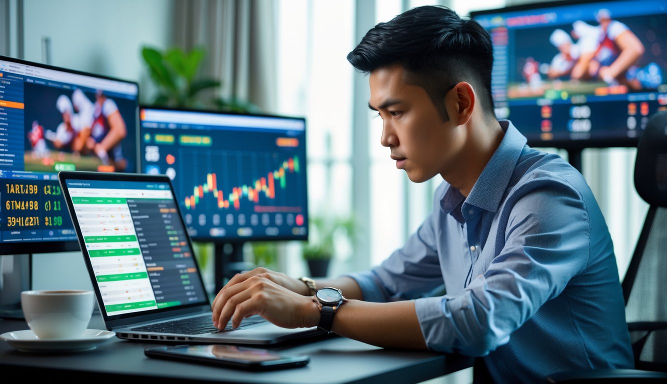 Seorang pria muda fokus duduk di depan laptop dan smartphone, menganalisis data taruhan sabung ayam online di sebuah ruang kerja modern.