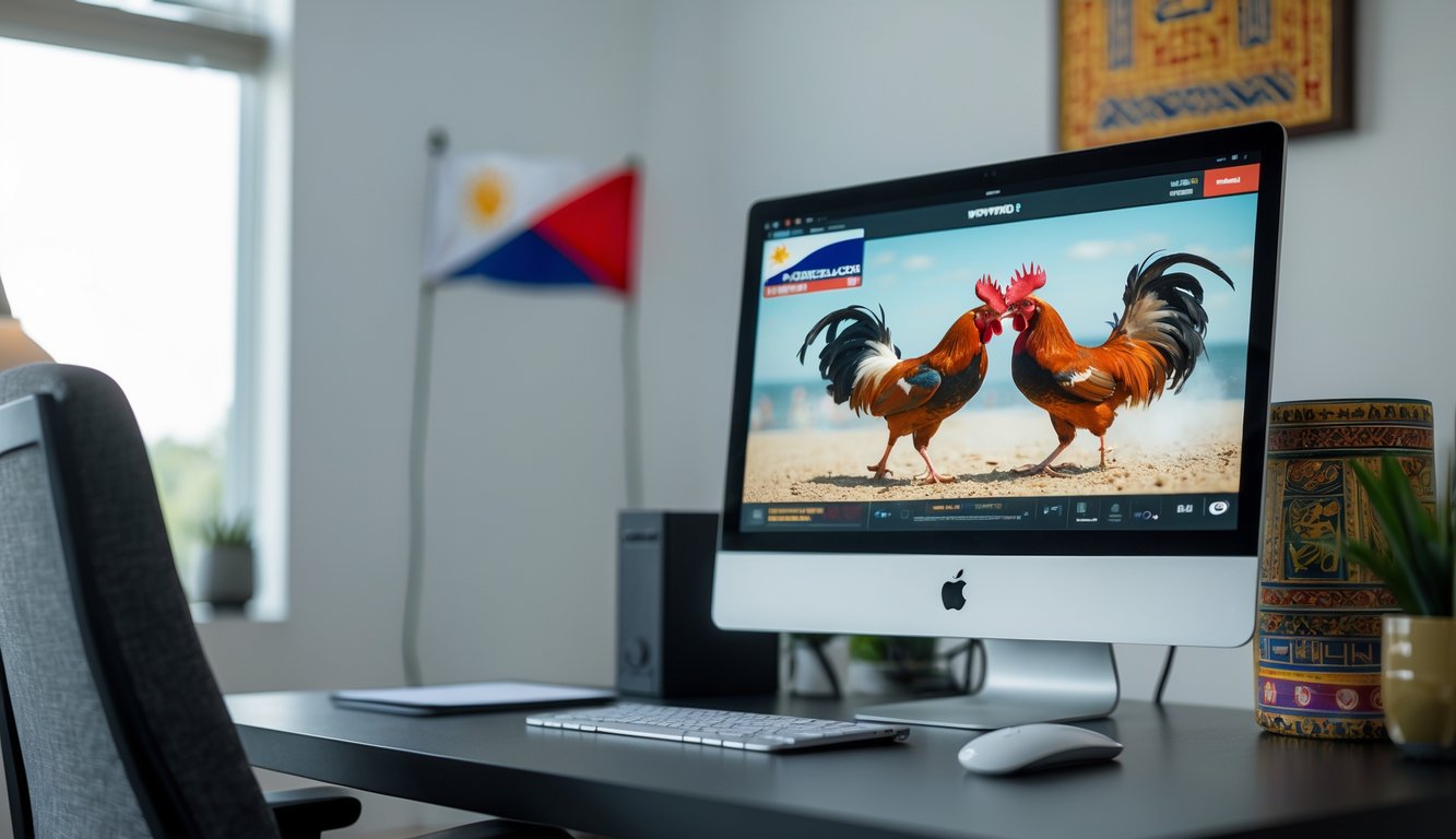 Sebuah komputer modern menampilkan siaran langsung pertandingan sabung ayam Filipina secara online di ruang kerja yang terang dan rapi.