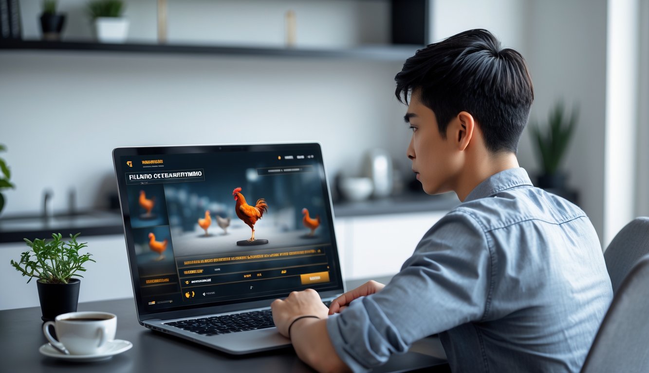 Seorang pria muda duduk di meja dengan laptop, fokus bermain permainan judi sabung ayam Filipina secara online di ruangan berlampu terang.