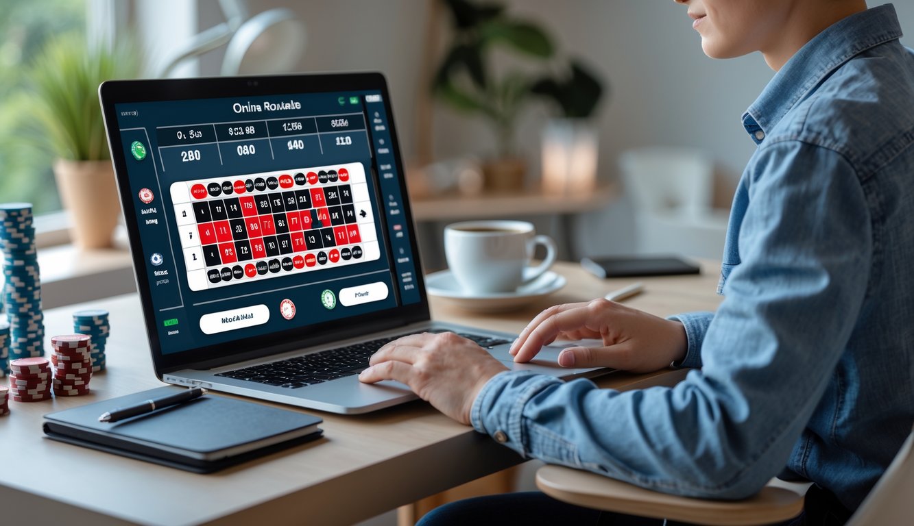 Seorang pemuda duduk di meja dengan laptop yang menampilkan permainan roulette online, dikelilingi chip poker dan buku catatan, menunjukkan strategi taruhan dengan modal kecil.