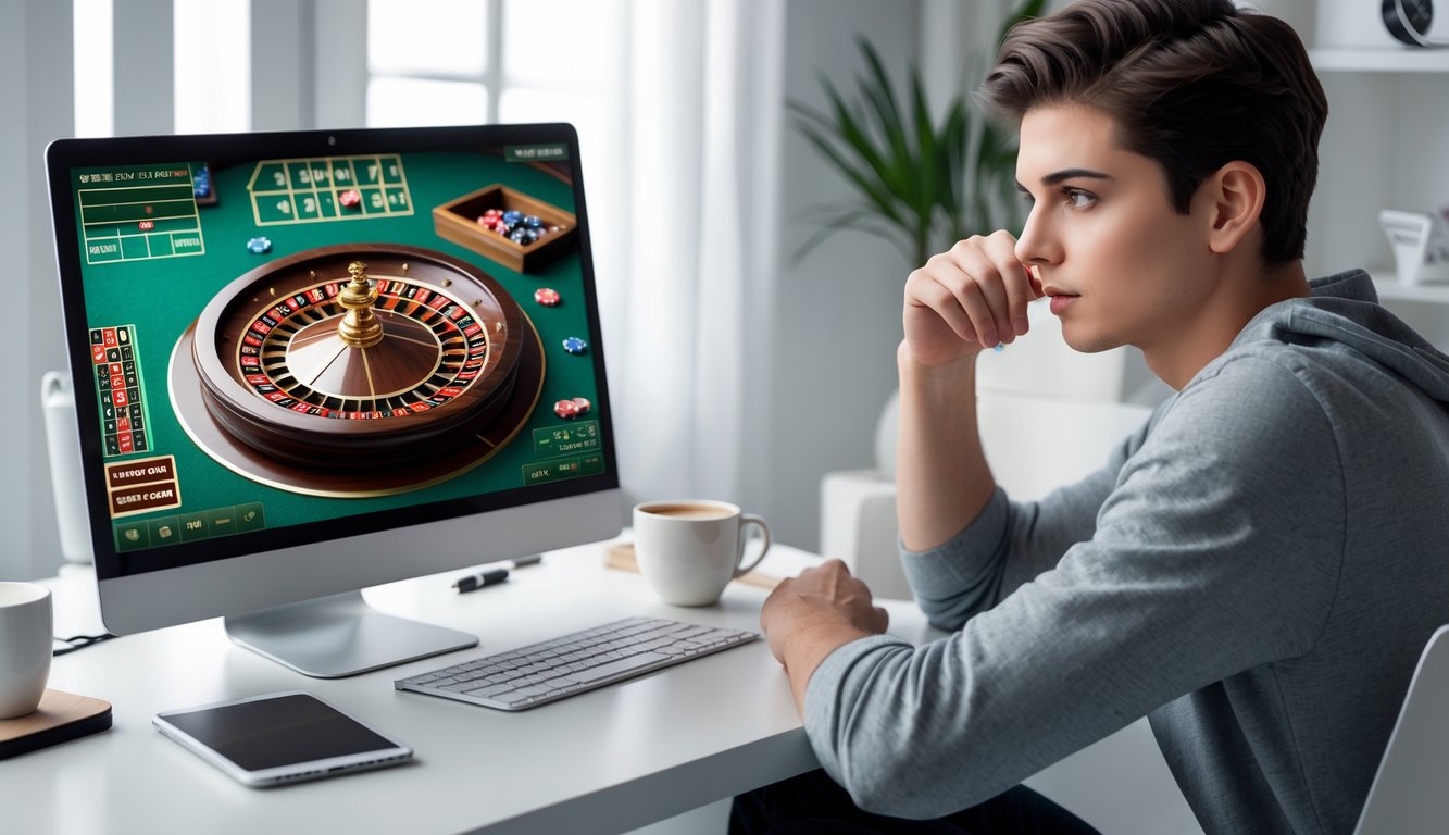 Seseorang duduk di depan laptop yang menampilkan permainan roulette online, dengan suasana tenang dan peralatan belajar di sekitarnya.