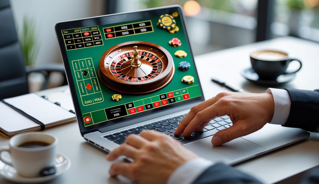 Seseorang bermain roulette online di komputer dengan suasana tenang dan fokus.