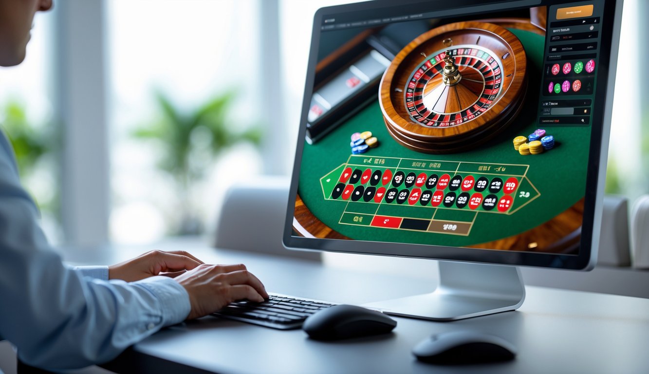 Seseorang bermain roulette online di komputer dengan tampilan roda roulette dan meja taruhan di layar.