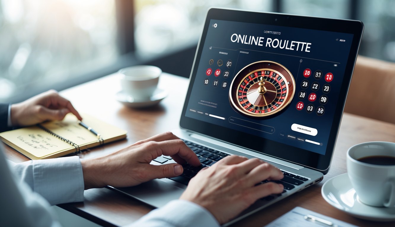 Seorang pengguna bermain roulette online di laptop dengan catatan strategi di meja.