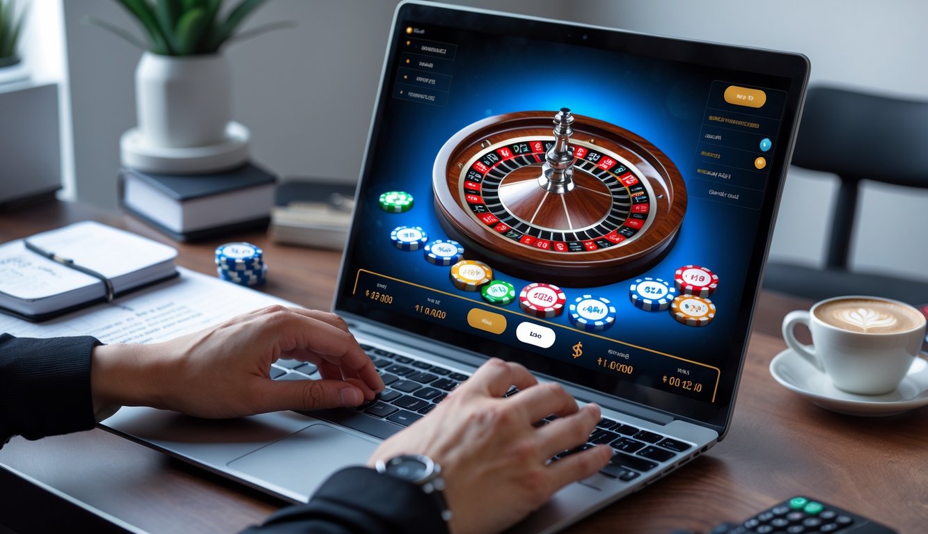 Seorang pemain sedang memasang taruhan pada permainan roulette online di komputer dengan chip taruhan di meja dan alat tulis di sekitar.