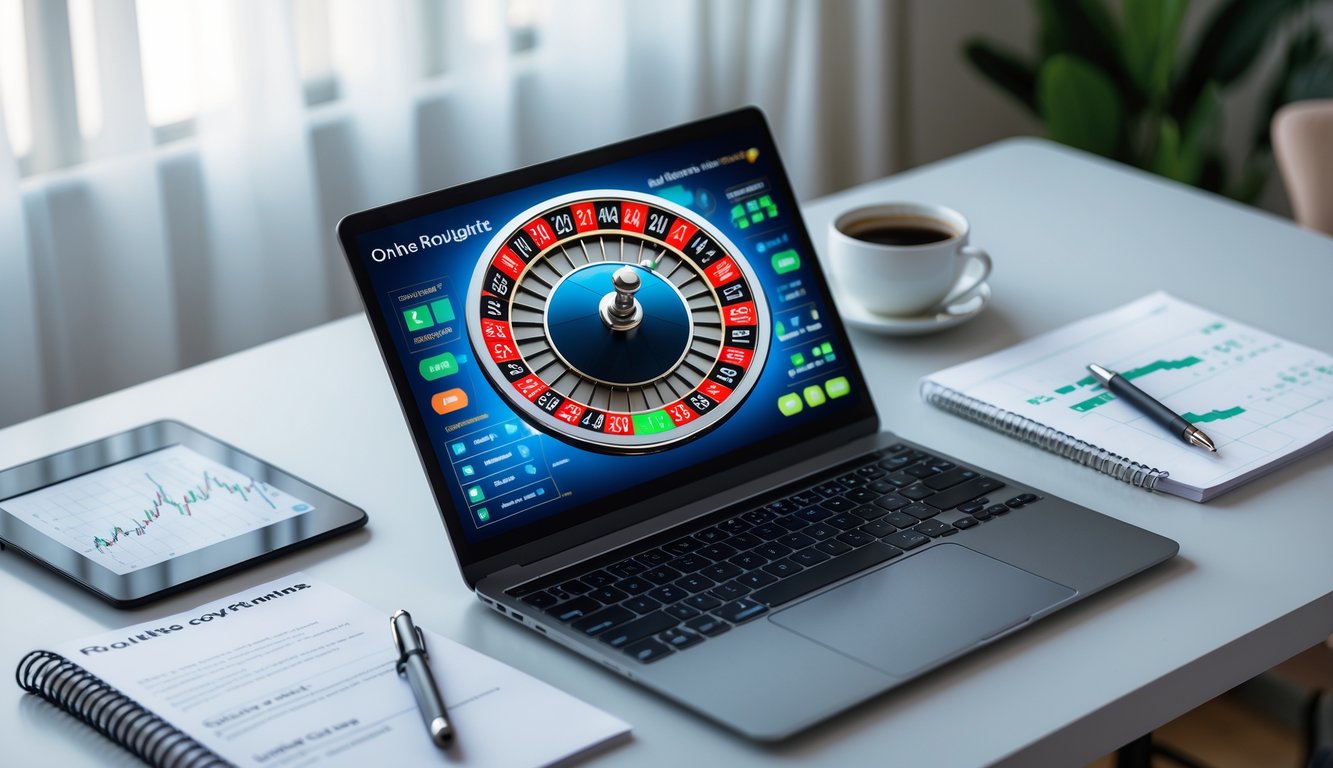 Seorang pemain menggunakan laptop dengan tampilan roda roulette online, di meja terdapat catatan strategi dan pena, di latar belakang ada kopi dan ponsel dengan grafik keuangan.