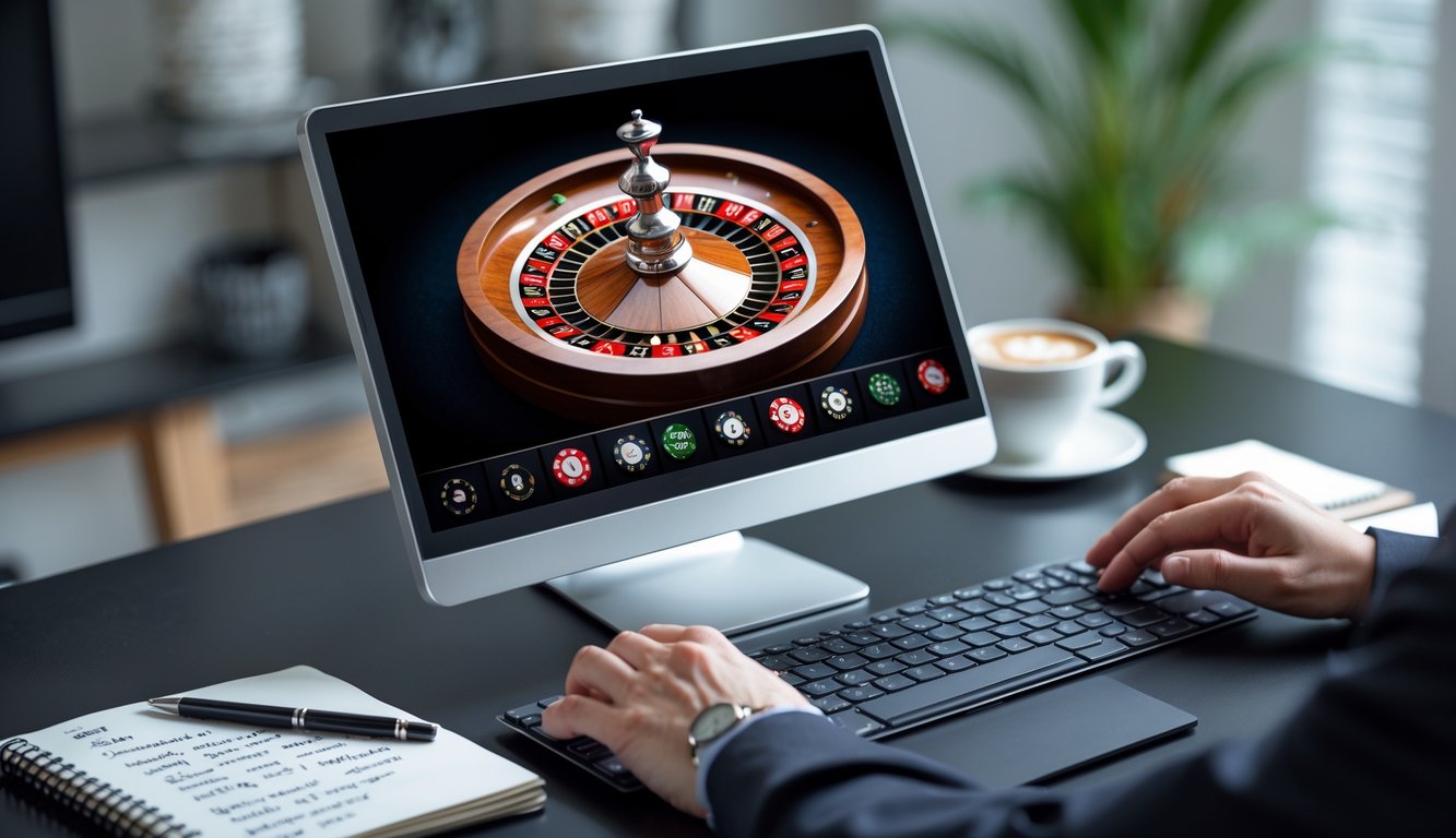 Seseorang bermain roulette online di depan komputer dengan catatan dan kopi di meja.