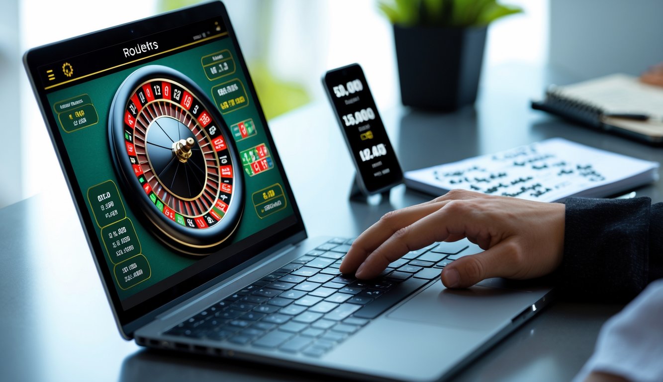 Seseorang menggunakan laptop dengan tampilan roda roulette online dan tangan siap mengklik mouse di meja kerja yang rapi.