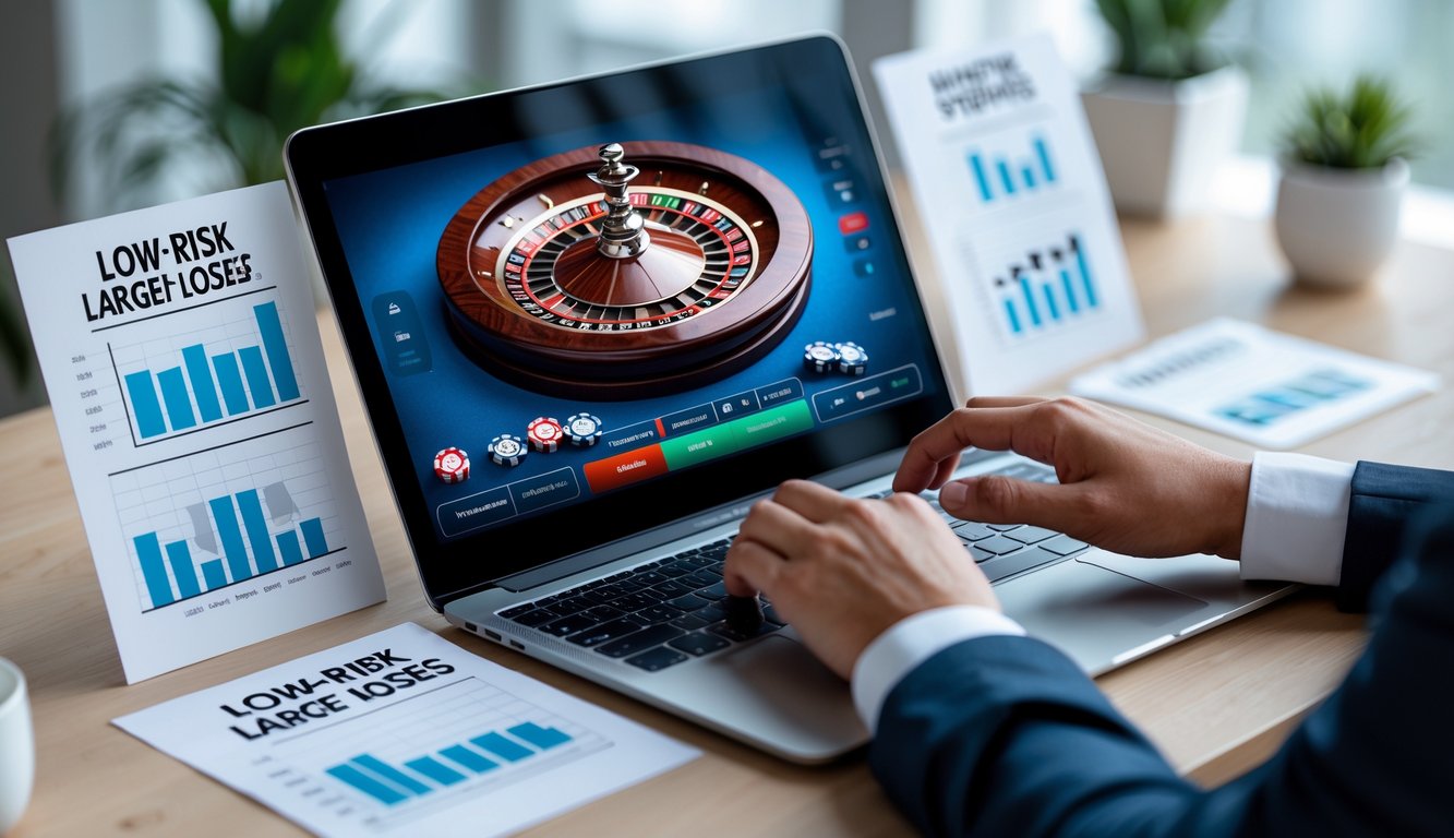 Seseorang menggunakan laptop dengan tampilan permainan roulette online, menunjukkan suasana taruhan yang fokus dan terkontrol.