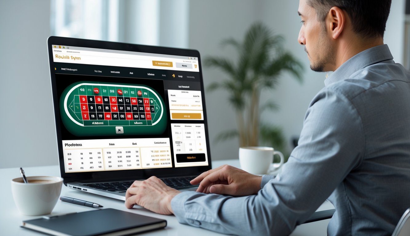 Seorang dewasa menggunakan komputer dengan tampilan sistem taruhan roulette online di ruang kerja yang rapi dan terang.