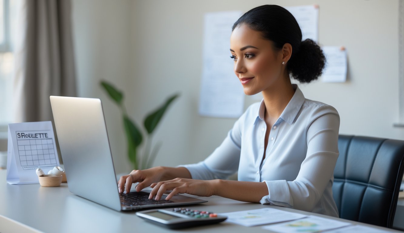 Seseorang duduk di meja dengan laptop, fokus bermain roulette online dengan suasana tenang dan teratur.